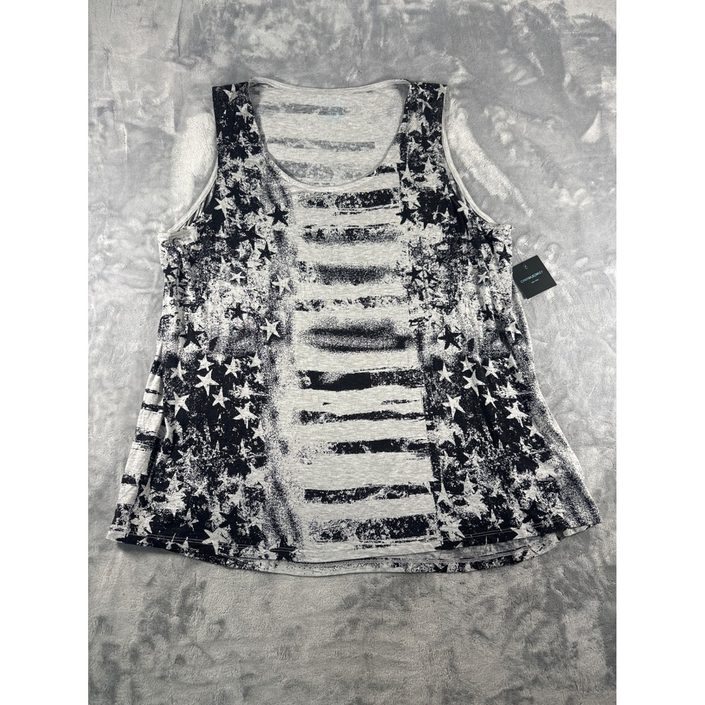 Cynthia Rowley Womens 3X Gray Black Flag Stars Stripes Tank Top NWT Patriotic